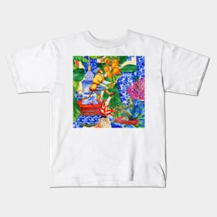 Monkey picking oranges chinoiserie watercolor Kids T-Shirt